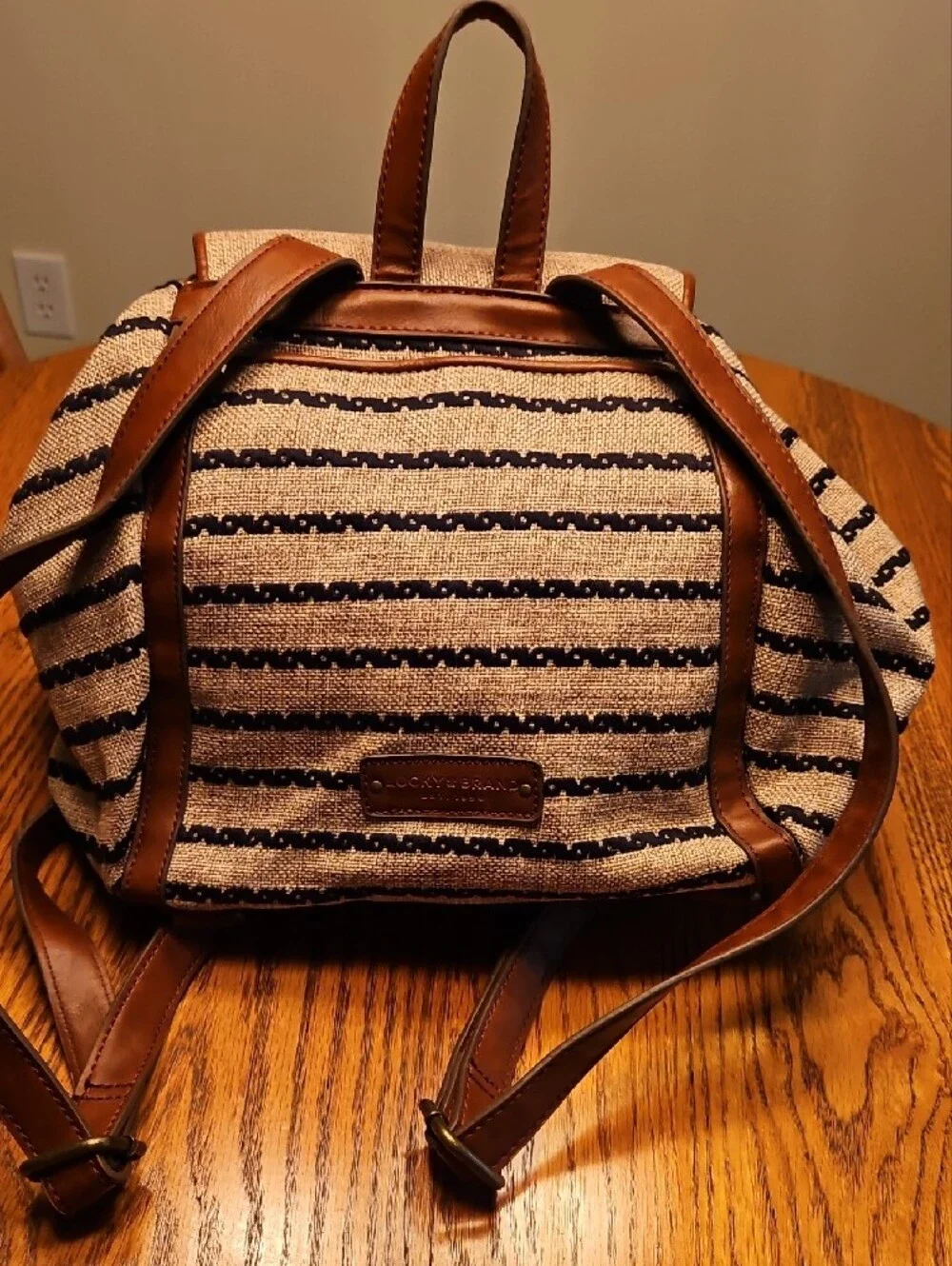 Lucky Brand Kendal Striped Canvas & Brown Leather Drawstring Backpack